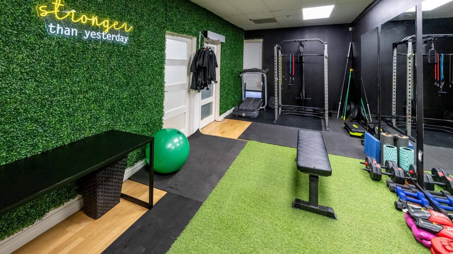 The training studio at iBODY, with turf flooring, free weights and suspension equipment